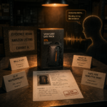 Amazon product listing staged as evidence-room exhibit under an interrogation lamp, with an AI figure saying Analyzing claims, reading listing like evidence, surrounded by buyer question cards asking will it fit, is it waterproof, what is included, and safe for sensitive skin, and a spec sheet stamped Claim Under Review