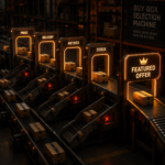 Warehouse machine sending Amazon packages through four glowing gates labeled Price, Delivery, Metrics, and Stock; rejected boxes drop onto side chutes marked with red X marks while one box passes through to a Featured Offer sign topped with a crown