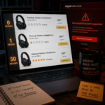 The same Amazon product listing shown three times with 0 reviews, one 1-star review, and 50 five-star reviews, in front of an account-suspended warning screen and a mug reading Reviews build trust, shortcuts kill accounts