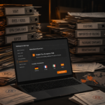 Laptop screen showing Amazon's Enable Pan-European FBA checkbox, surrounded by tall stacks of binders labeled VAT, OSS/IOSS, EPR compliance, GPSR, customs, importer of record, and packaging compliance