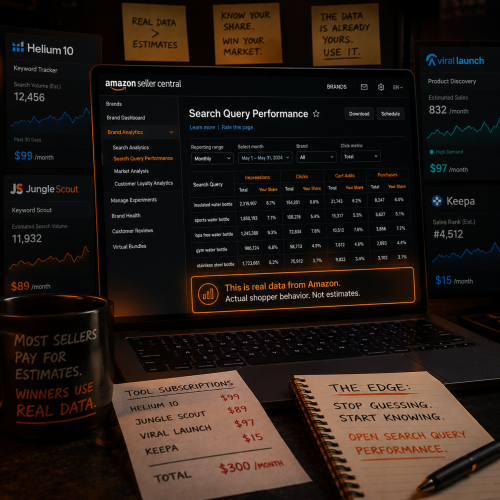 Amazon Seller Central Search Query Performance report showing impressions, clicks, cart adds, and purchases per search query with your-share columns, surrounded by paid research tool subscriptions totaling 300 dollars a month and a mug reading Most sellers pay for estimates, winners use real data